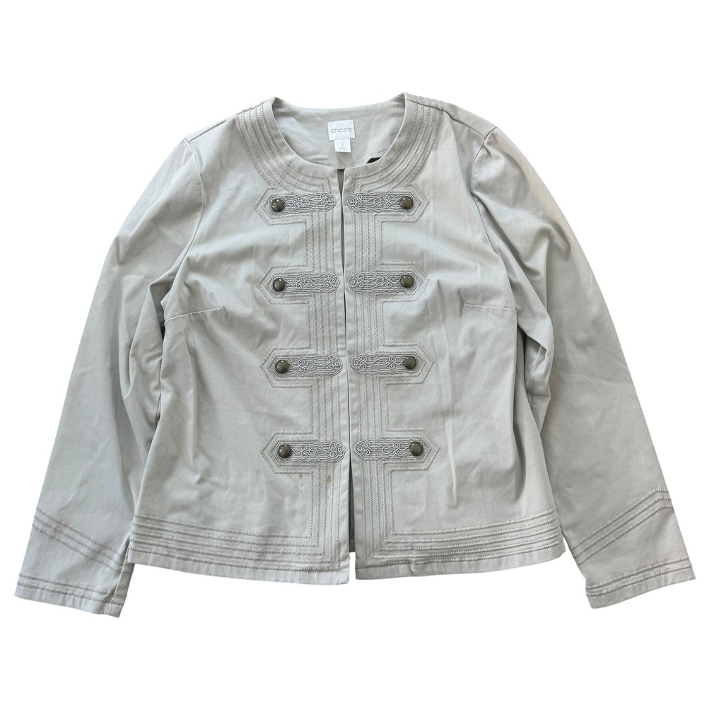 Chicos Military Marching Band Jacket Soutache Embroidered Size 1 M Tan Khaki